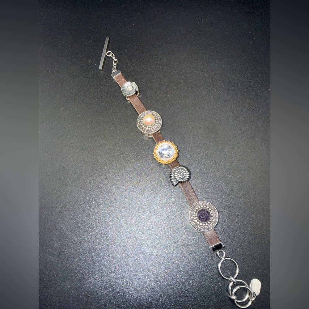 Lori Bonn Women's Brown Leather Snap Bracelet with Mixed Metal Accents charms.